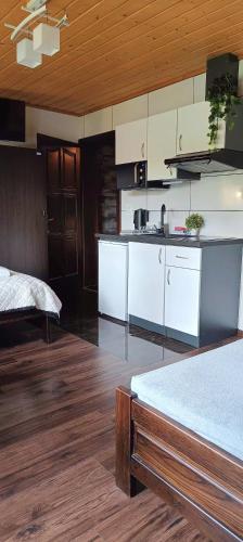 a kitchen with white cabinets and a counter top at Pokoje i apartamenty u Sabiny - DOSTĘP DO JACUZZI TYLKO W WYBRANYCH OPCJACH sprawdź poniżej szczegóły rezerwacji in Szczawnica