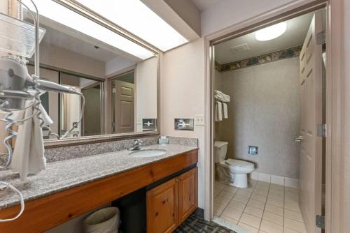 a bathroom with a sink and a toilet and a mirror at Scottsdale 2 bd 2 ba furnished apt 4 full beds in Scottsdale