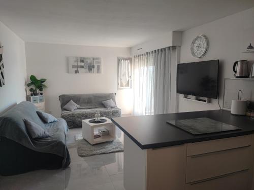 a white living room with a couch and a tv at Studio Cap d'Agde in Cap d'Agde