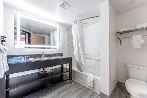 a bathroom with a sink and a toilet and a mirror at Chandler Promo 1bd 1ba in Chandler