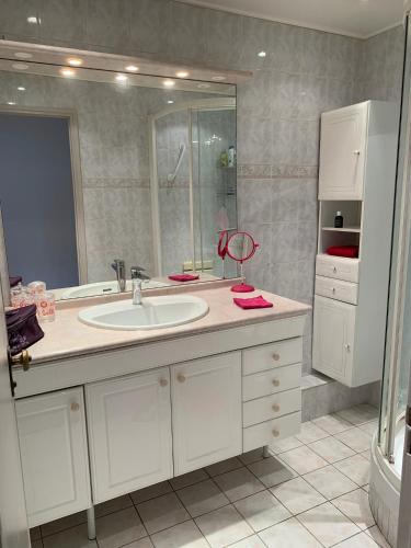 une salle de bain avec un lavabo et un grand miroir dans l'établissement ANTIBES appartement 2 chambres, à Antibes