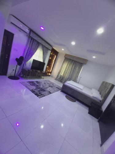 a large living room with a couch and a tv at Sammy's Place in Lekki