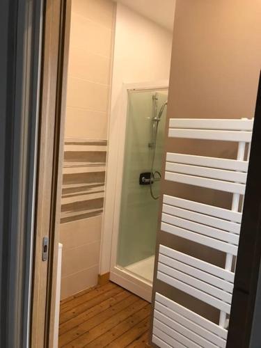 La salle de bains est pourvue d'une douche et d'un dressing. dans l'établissement L’Écho des Vagues, Cherbourg en Cotentin, à Cherbourg en Cotentin