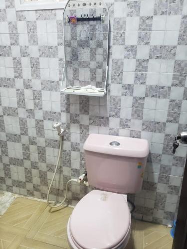 La salle de bains est pourvue de toilettes roses et d'un miroir. dans l'établissement Truth Key Hotel & Suites, à Lagos