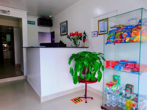 a room with a counter with a plant in it at Hotel Casa Navi in Bogotá