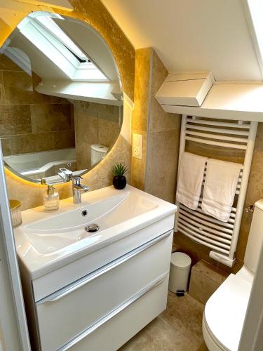 une salle de bain avec un lavabo et un miroir dans l'établissement Sara Home, à Chennevières-sur-Marne