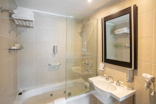 a bathroom with a shower and a sink and a tub at Lennox Ushuaia in Ushuaia