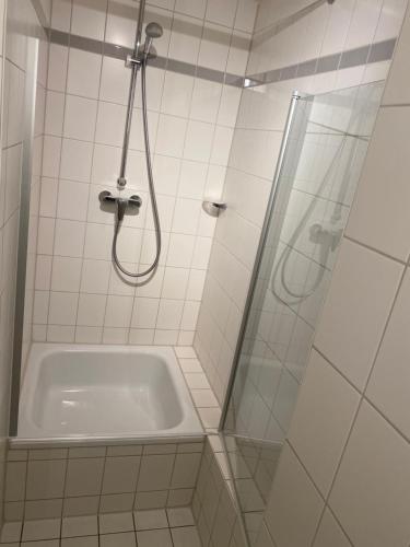 a bathroom with a shower and a bath tub at Gemütliches Appartement nahe Universitätsklinik in Magdeburg