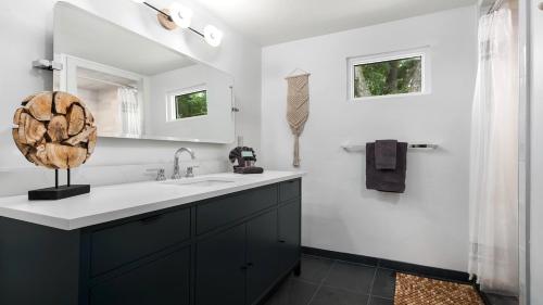 ein Bad mit einem Waschbecken und einem Spiegel in der Unterkunft Cava House Full Kitchen plus Hot Tub in Fredericksburg