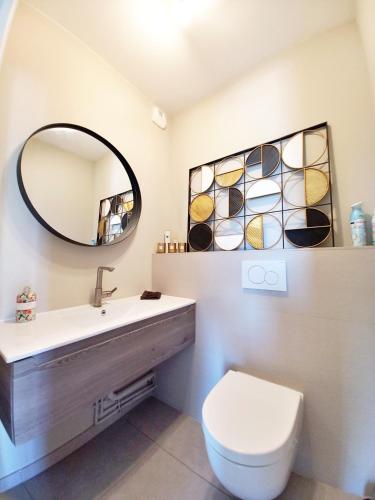 une salle de bain avec un lavabo et un miroir et des toilettes dans l'établissement Spacieux T3-Toit terrasse-Clim-wifi-piscine, à Fréjus