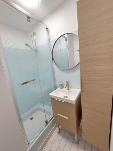 une salle de bain avec une douche, un lavabo et un miroir dans l'établissement Charmant appartement T2, RDC à Carnac à 200m de la plage avec jardin et terrasse, à Carnac
