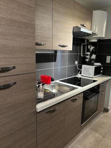 une cuisine avec un évier et un micro-ondes dans l'établissement *Studio agréable avec balcon et vue sur mer*, à Vallauris