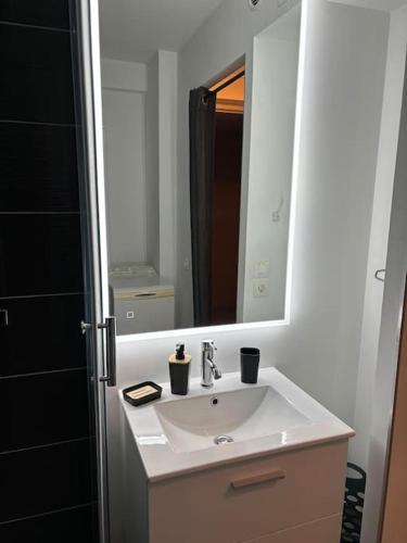 une salle de bain avec un lavabo et un miroir dans l'établissement *Studio agréable avec balcon et vue sur mer*, à Vallauris