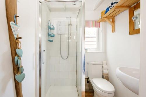 y baño con ducha, aseo y lavamanos. en Cosy self-contained annexe in Selsey, en Chichester