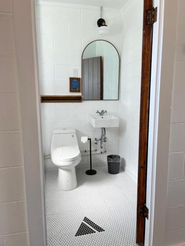 a bathroom with a white toilet and a sink at Triangle Motel in Red Bluff