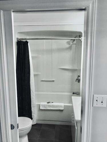 a bathroom with a shower with a toilet and a sink at Stay in Gros Morne in Rocky Harbour