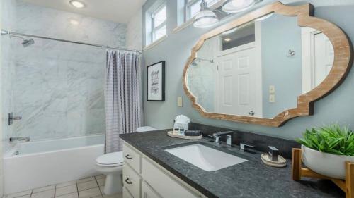 a bathroom with a sink and a mirror at Angel's Diamond in town private cottage hot tub in Fredericksburg