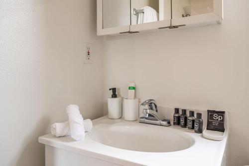 a bathroom counter with a sink with toiletries on it at Furnished Natural Zen Jungle Studio by LAX w Desk in Los Angeles