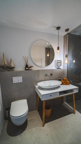 a bathroom with a sink and a toilet and a mirror at Premium Gardenguesthouse Mlinar with Pool & Sauna in Fokovci