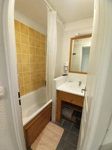 une salle de bain avec une baignoire, un lavabo et un miroir dans l'établissement Le 340 C super besse 2 nuits minimum, à Besse-et-Saint-Anastaise