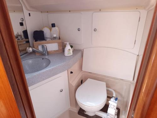 ein Badezimmer mit einem WC und einem Waschbecken in einem Wohnwagen in der Unterkunft Velero Shabbak in Valencia