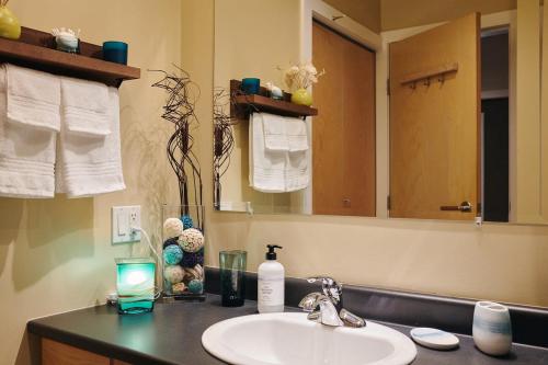 een badkamer met een wastafel en een spiegel bij NN - The Kit - Downtown 1-bed 1-bath in Whitehorse