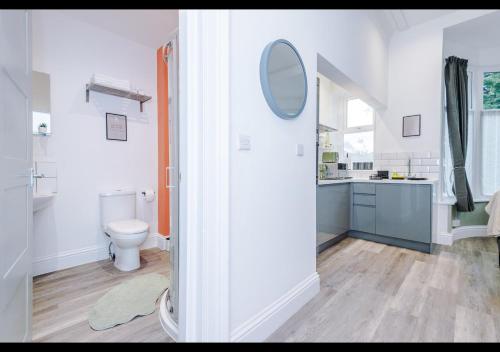 W łazience znajduje się toaleta, umywalka i lustro. w obiekcie Modern, Comfy 1BDR, Bay Windows & Free Parking w Manchesterze