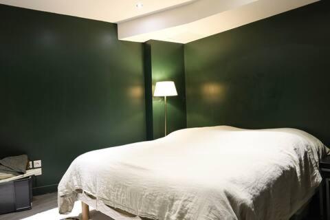 - une chambre verte avec un lit blanc et une lampe dans l'établissement Rare à Paris, magnifique souplex familial, 3 chambres doubles, grande terrasse, très frais en été, à Paris