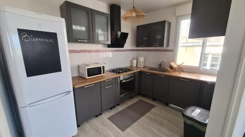 a kitchen with black cabinets and a white refrigerator at Chez Delphine in Vatan