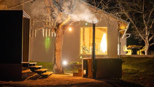 a house with a tree in front of it at night at Premium Gardenguesthouse Mlinar with Pool & Sauna in Fokovci
