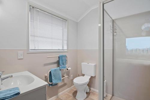 een badkamer met een toilet, een wastafel en een douche bij Pohara Beach Life in Pohara