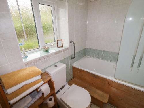 a bathroom with a white toilet and a bath tub at Bridge End in Chatburn