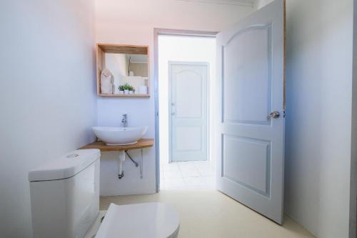 a bathroom with a white toilet and a sink at Villa Grandi - Cas Grandi in Willemstad