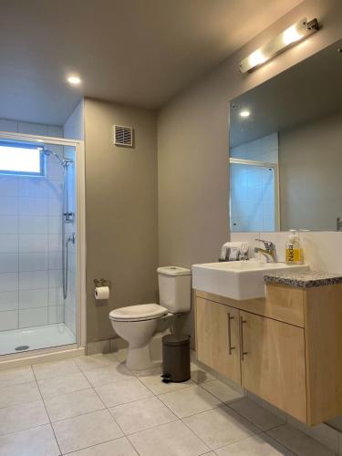 a bathroom with a toilet and a sink and a shower at Alpine Retreat in Wanaka