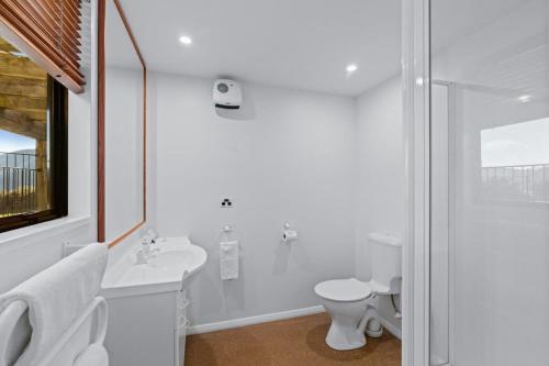 a white bathroom with a toilet and a sink at Dublin Downs in Albert Town
