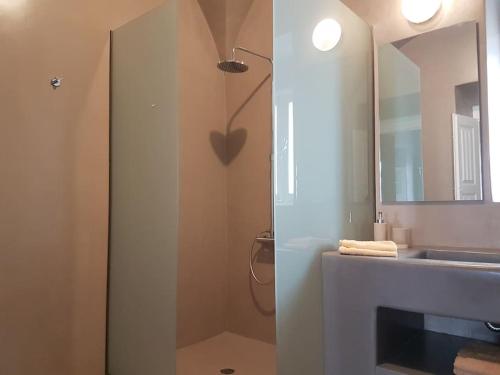 a bathroom with a shower and a sink and a mirror at LIFE MANSION in OIA in Oia