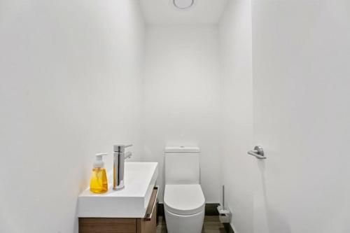 a bathroom with a white toilet and a sink at Riverside Vacations in Albert Town