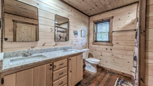 a bathroom with a sink and a toilet and wooden walls at Immeasurably More in Mineral Bluff