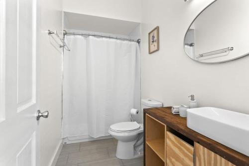 a bathroom with a toilet and a sink and a mirror at Stylish Creole Cottage 1 BD Home Central Location in New Orleans
