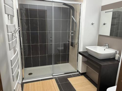 a bathroom with a glass shower and a sink at T4 Saint Lary in Saint-Lary-Soulan