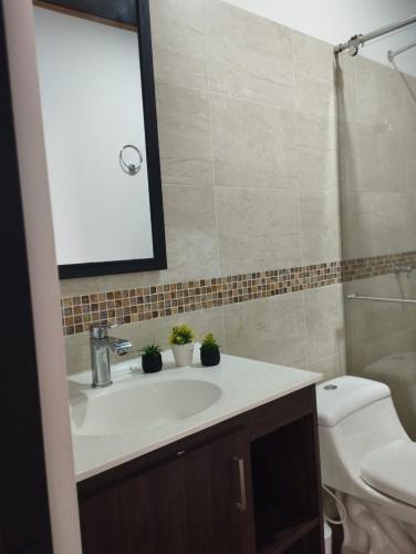 a bathroom with a sink and a toilet at NIRVANA APARTAESTUDIOS in Arauca