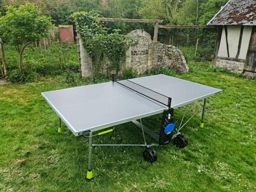 eine Tischtennisplatte im Gras im Hof in der Unterkunft Maison Évasion Normande in Sainte-Opportune-la-Mare