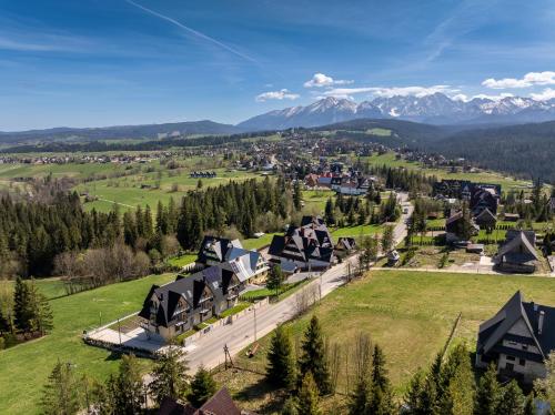 an aerial view of a village with mountains in the background at Silent Mountain in Bukowina Tatrzańska