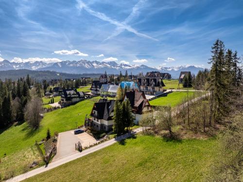 an aerial view of a village with mountains in the background at Silent Mountain in Bukowina Tatrzańska