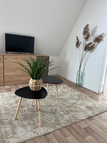 - un salon avec deux tables et une télévision dans l'établissement Appartement refait à neuf à Cuincy, à Cuincy