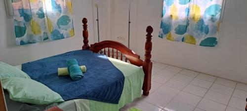 ein Schlafzimmer mit einem Bett mit einer blauen Decke in der Unterkunft Villa Léïna in Le Robert