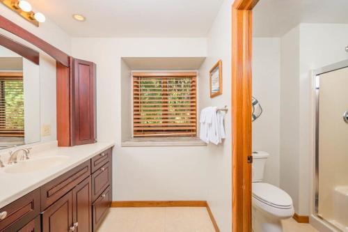 baño con lavabo y aseo y ventana en 4 Seasons Lakehouse Luxury, en Waupaca