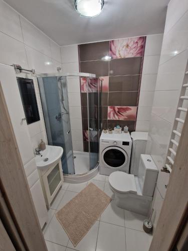 a bathroom with a toilet and a shower and a sink at Apartament Pisz in Pisz