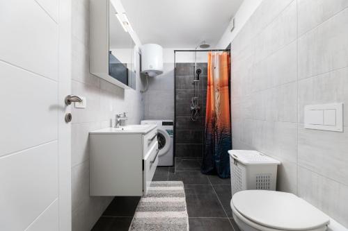 ソリネにあるApartment Grasaのトイレ、洗面台、シャワー付きのバスルーム