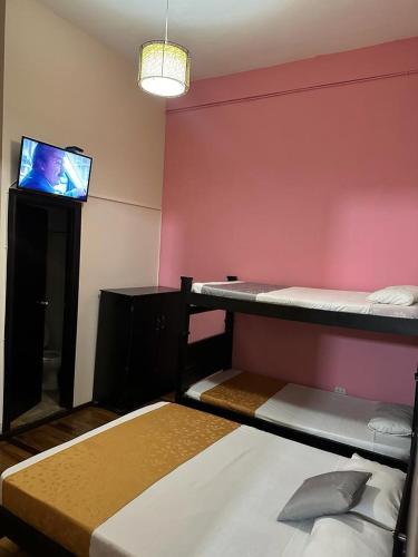 Zimmer mit 2 Etagenbetten und einem Flachbild-TV in der Unterkunft Boutique del cafe in Manizales